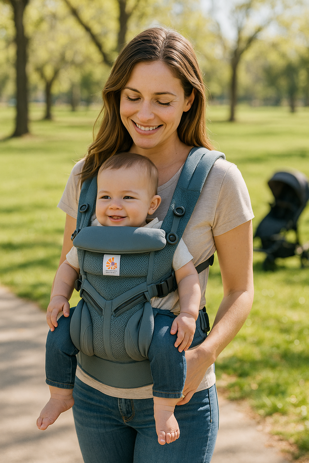 Ergobaby Omni 360 Cool Air Mesh Babytrage Mid‑Blue – Mama hält Baby ergonomisch im Alltag