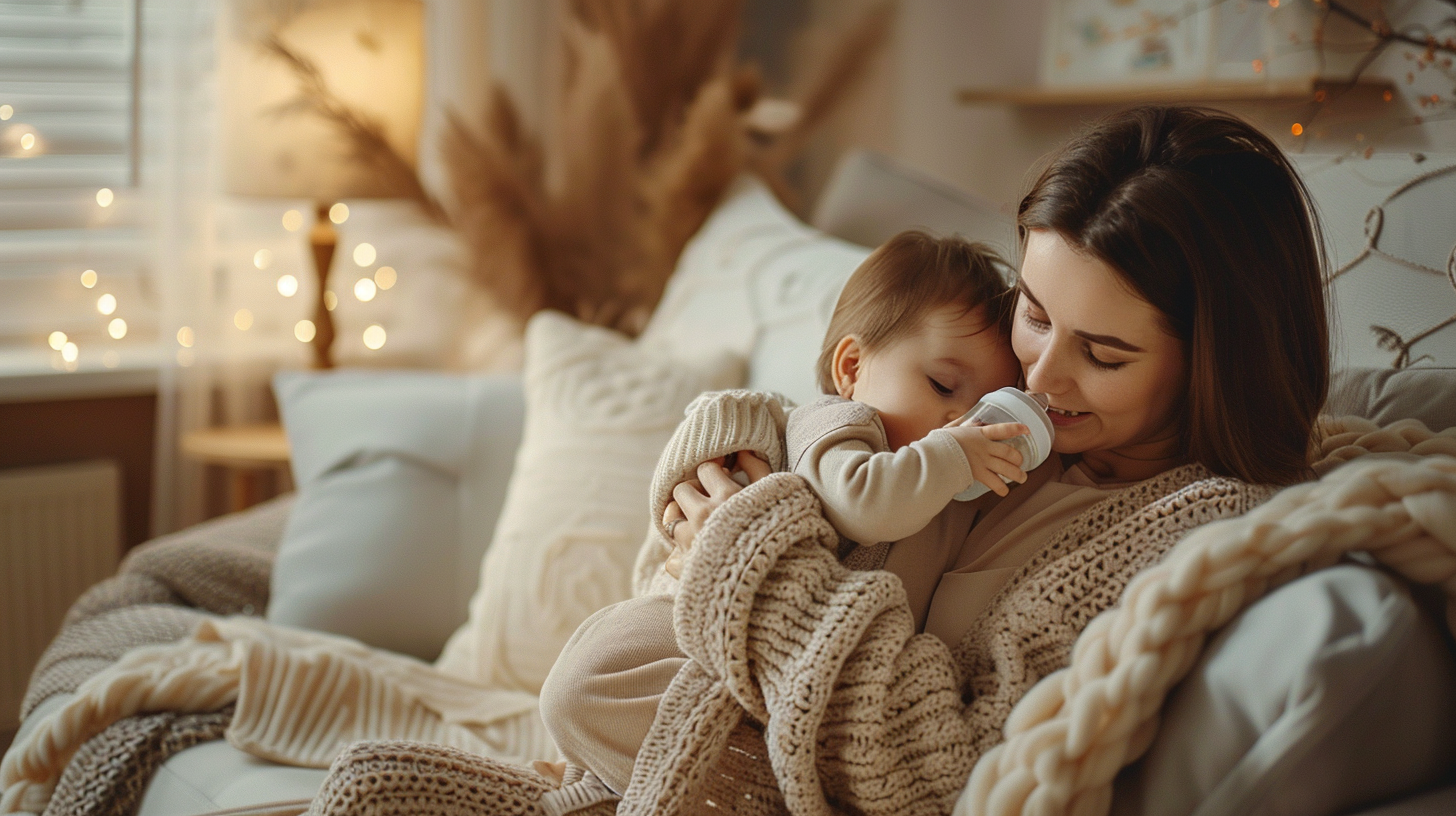 Babyflasche im Einsatz: Mama füttert ihr Baby liebevoll in einem gemütlichen Wohnzimmer – natürliche Szene im Polaroid-Stil mit Fenster und warmer Lichtstimmung, ideal für Eltern mit Säugling.