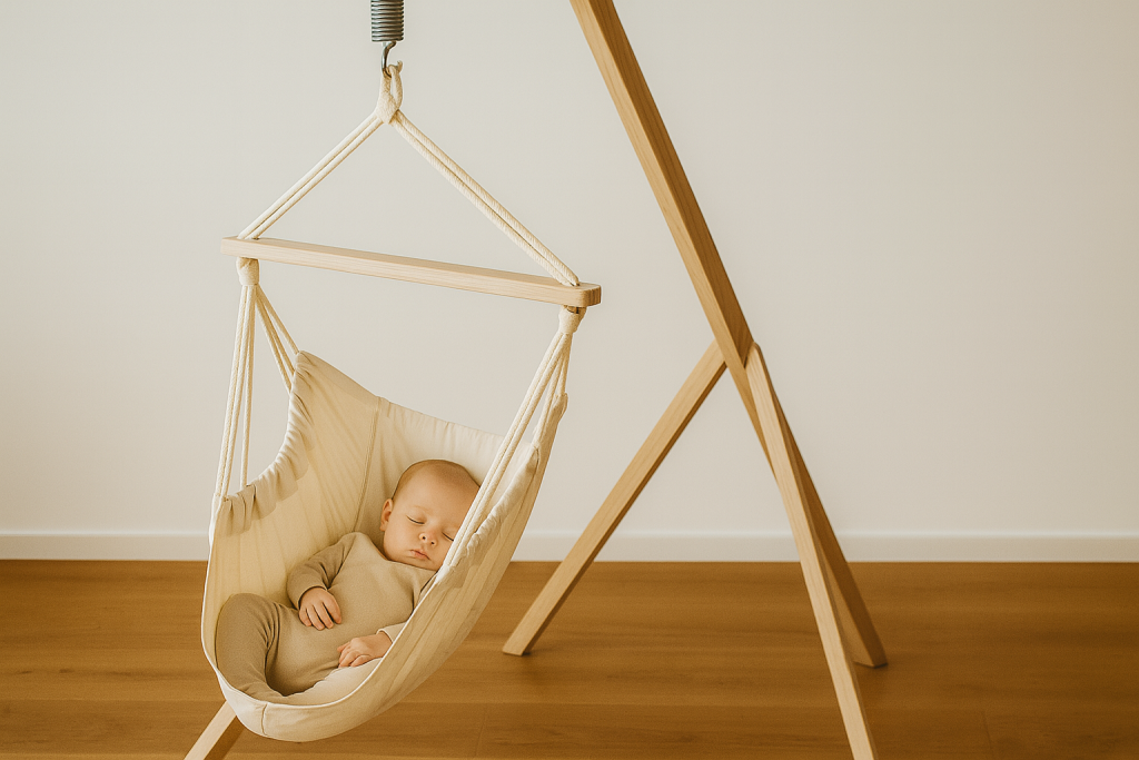 Schlafendes Baby in weißer Federwiege mit Holzgestell – natürliche Umgebung mit hellem Boden und weißer Wand.