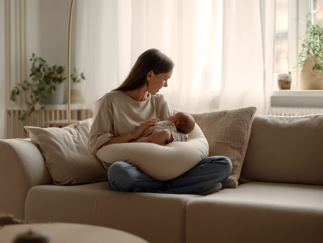 Mama stillt ihr Neugeborenes mit einem Theraline Stillkissen im zarten Pastellblumen-Design auf einem beigen Sofa bei natürlichem Morgenlicht.